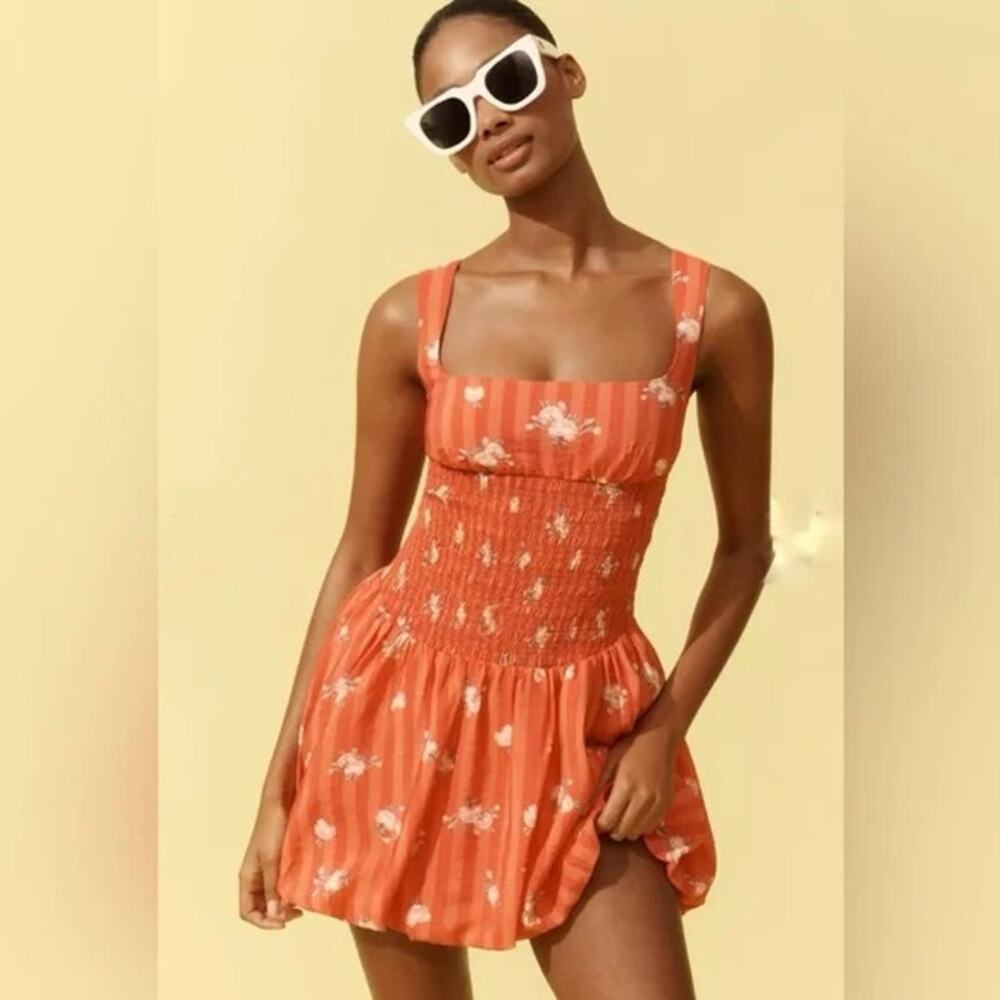 Anthropologie Rust Floral Smocked Square Neck Mini Bubble Dress, Vacation, L NWT
